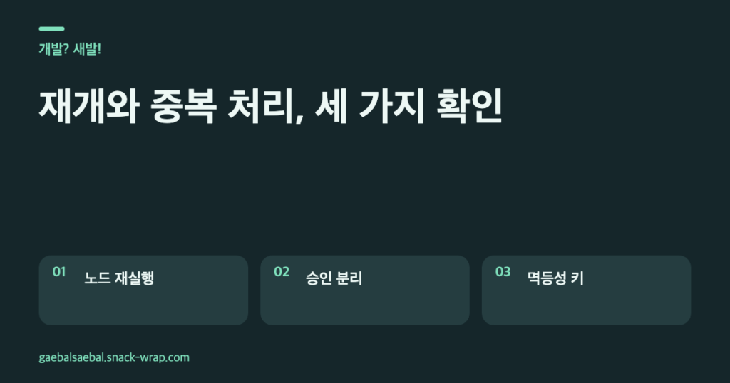 네이비 배경과 민트 강조색의 코드 노트형 텍스트 카드 세 장. 재개 시 노드 처음부터 실행, 승인과 실행 노드 분리, 같은 작업 키로 기존 결과 반환을 설명한다.