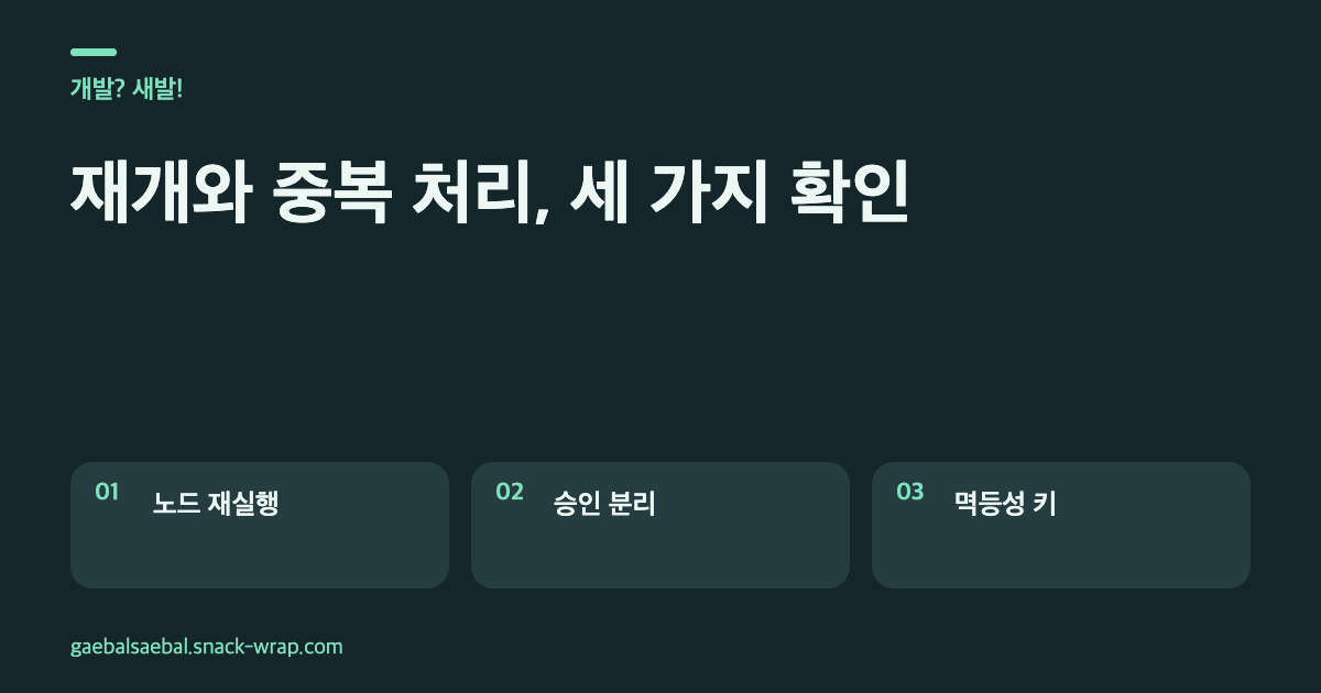 네이비 배경과 민트 강조색의 코드 노트형 텍스트 카드 세 장. 재개 시 노드 처음부터 실행, 승인과 실행 노드 분리, 같은 작업 키로 기존 결과 반환을 설명한다.